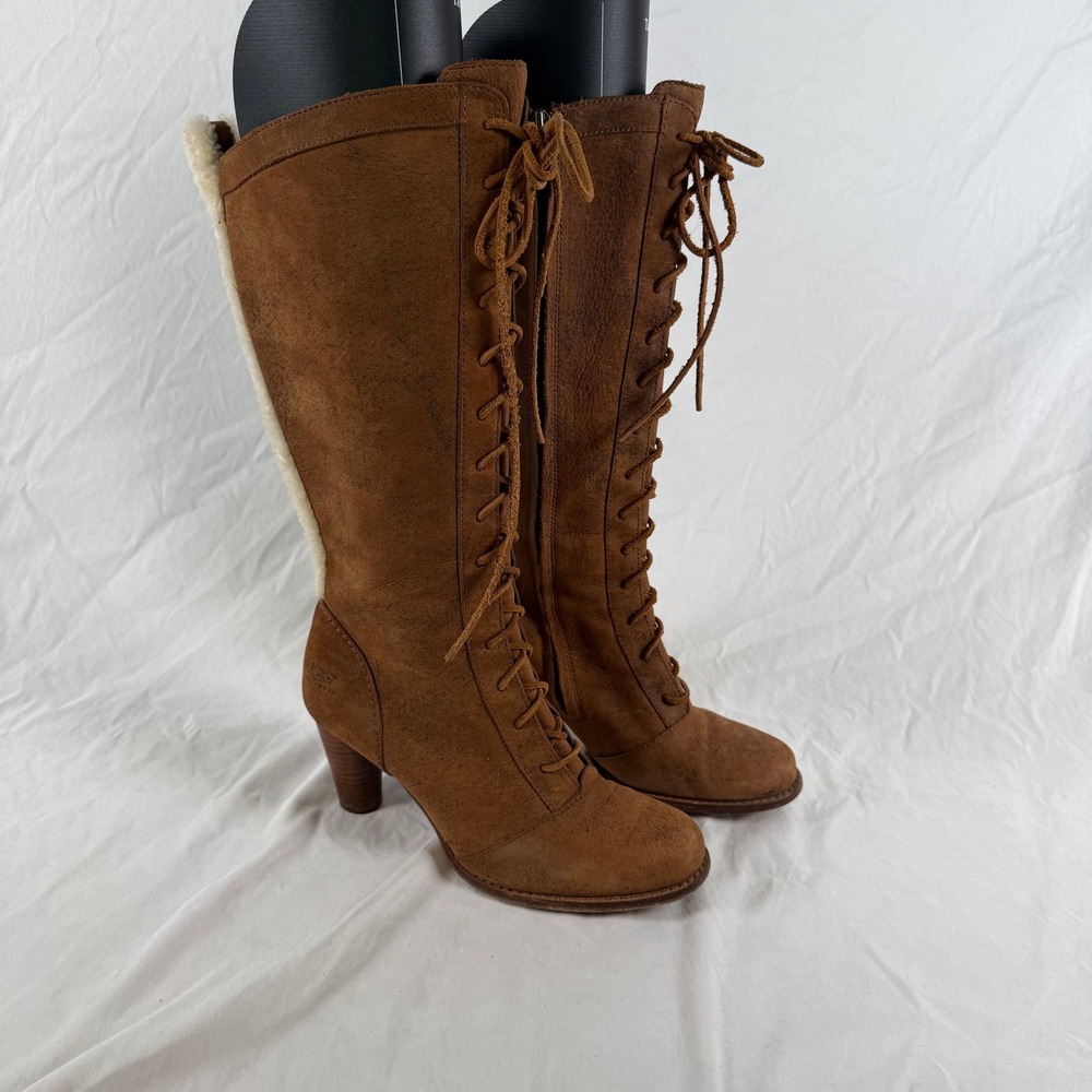 VTG UGG Australia Womens 8.5 Chestnut Suede Leather Lace Up Tall Heeled Boots